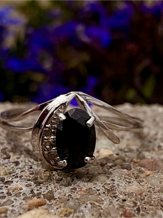 Jewelry - 10K White Gold Black Sapphire & Diamond Ring Size 7 Genuine Gemstones|0.612 CTW